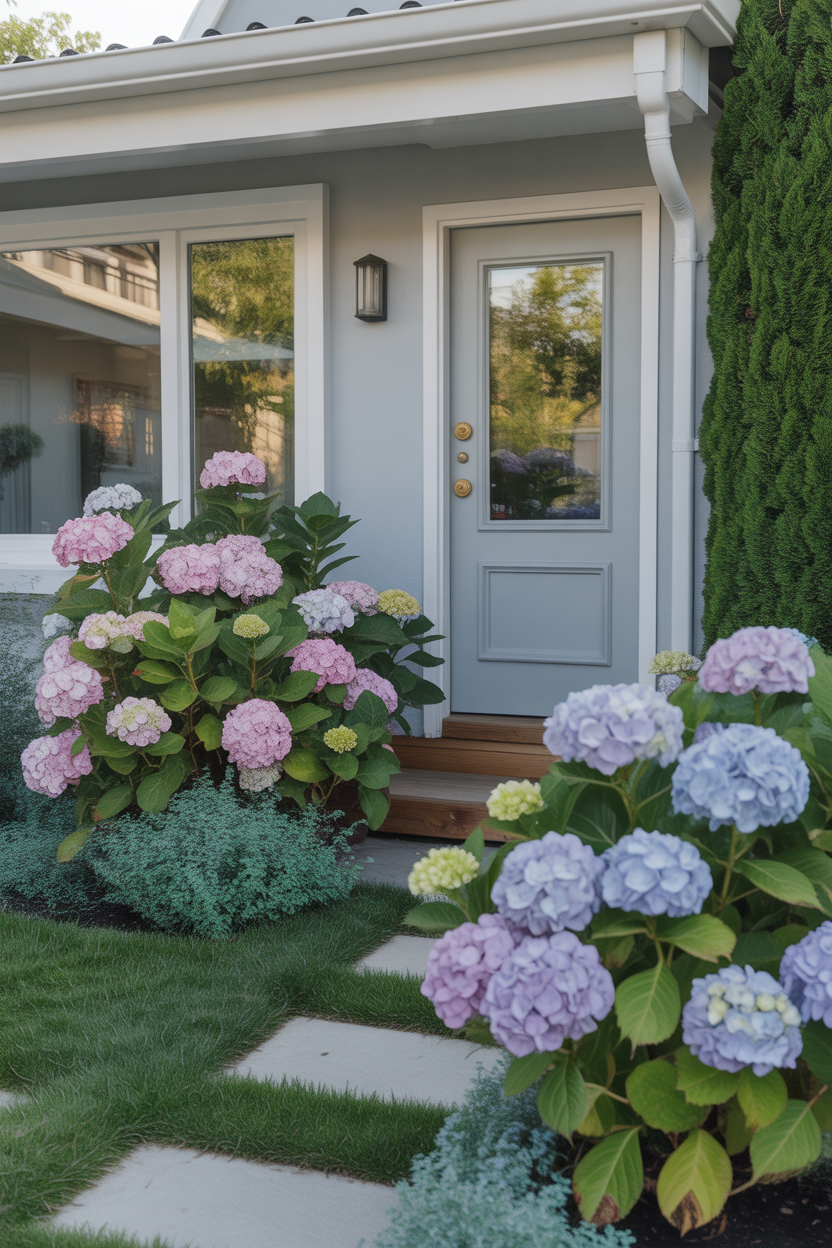 small front yard hydrangea landscaping with clustered flower groups