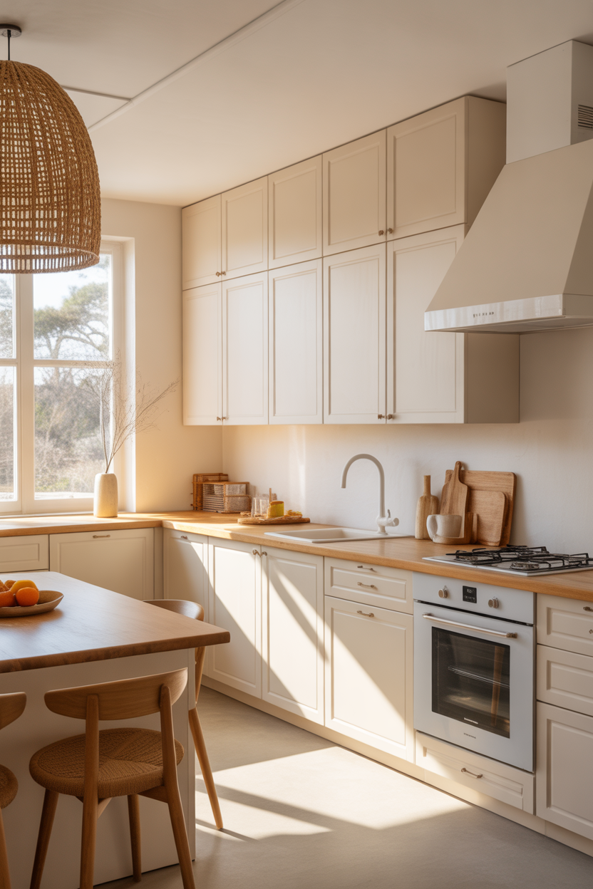 Soft white coastal kitchen cabinets with bright airy beach house style