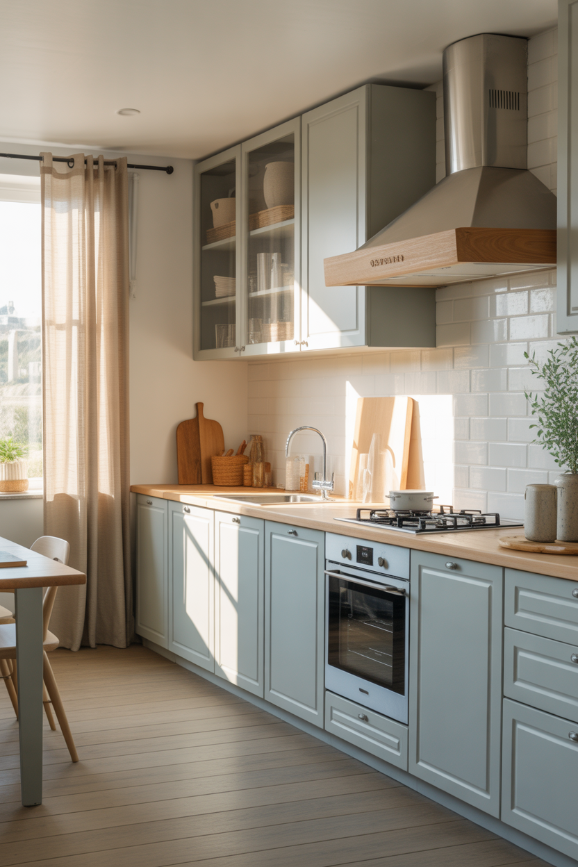 Coastal kitchen ideas with soft blue cabinets and natural wood accents
