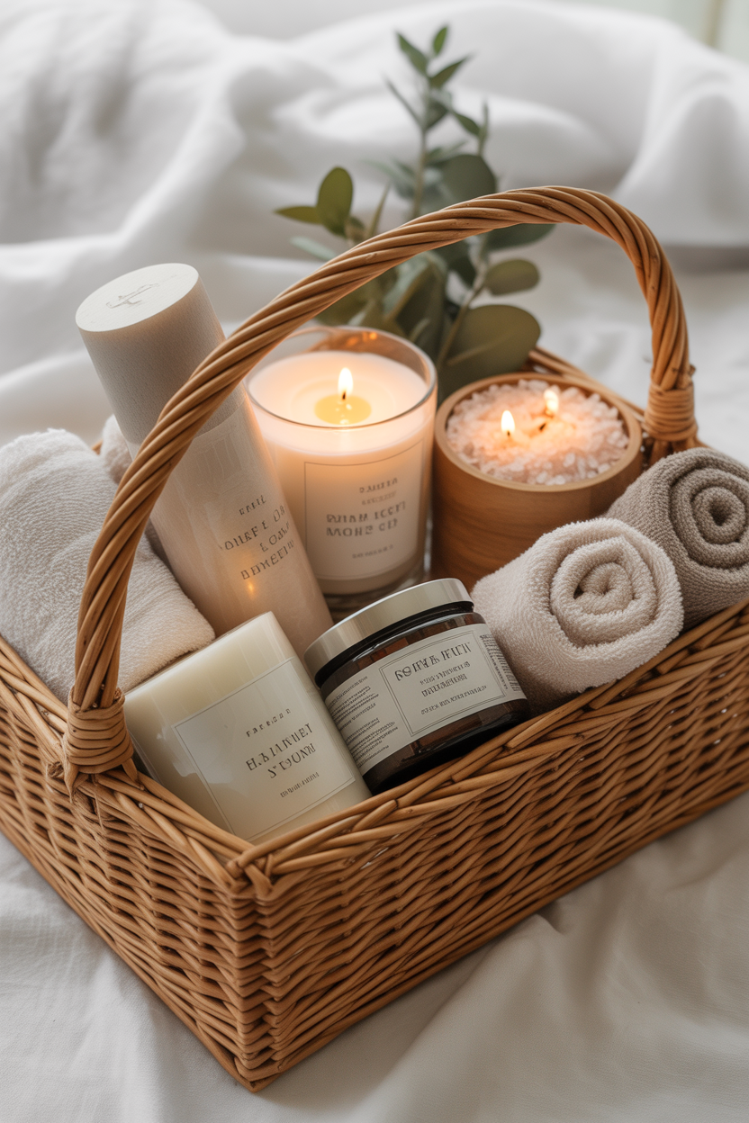 spa-themed Mother's Day gift basket with candles and bath items