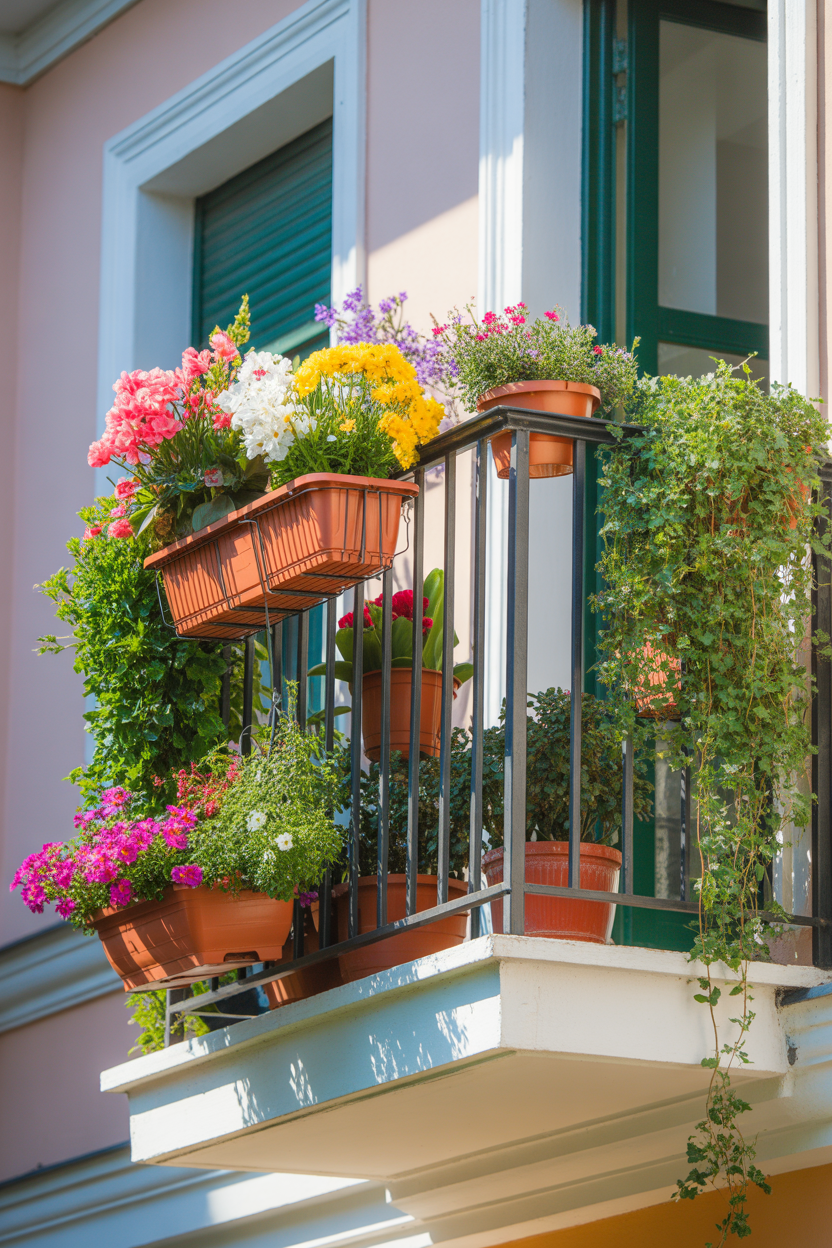 European balcony filled with colorful spring flowers and lush greenery