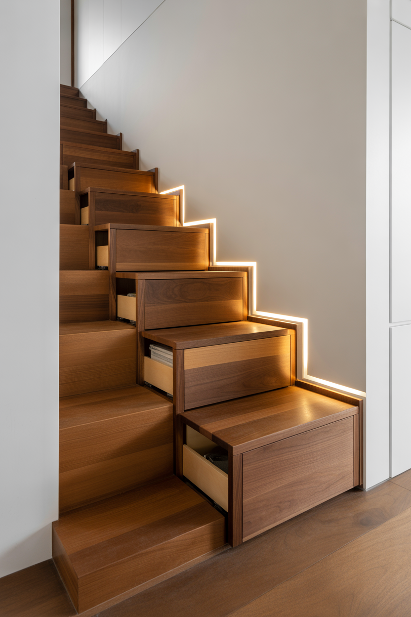 Stair drawer hidden storage system in modern home interior design