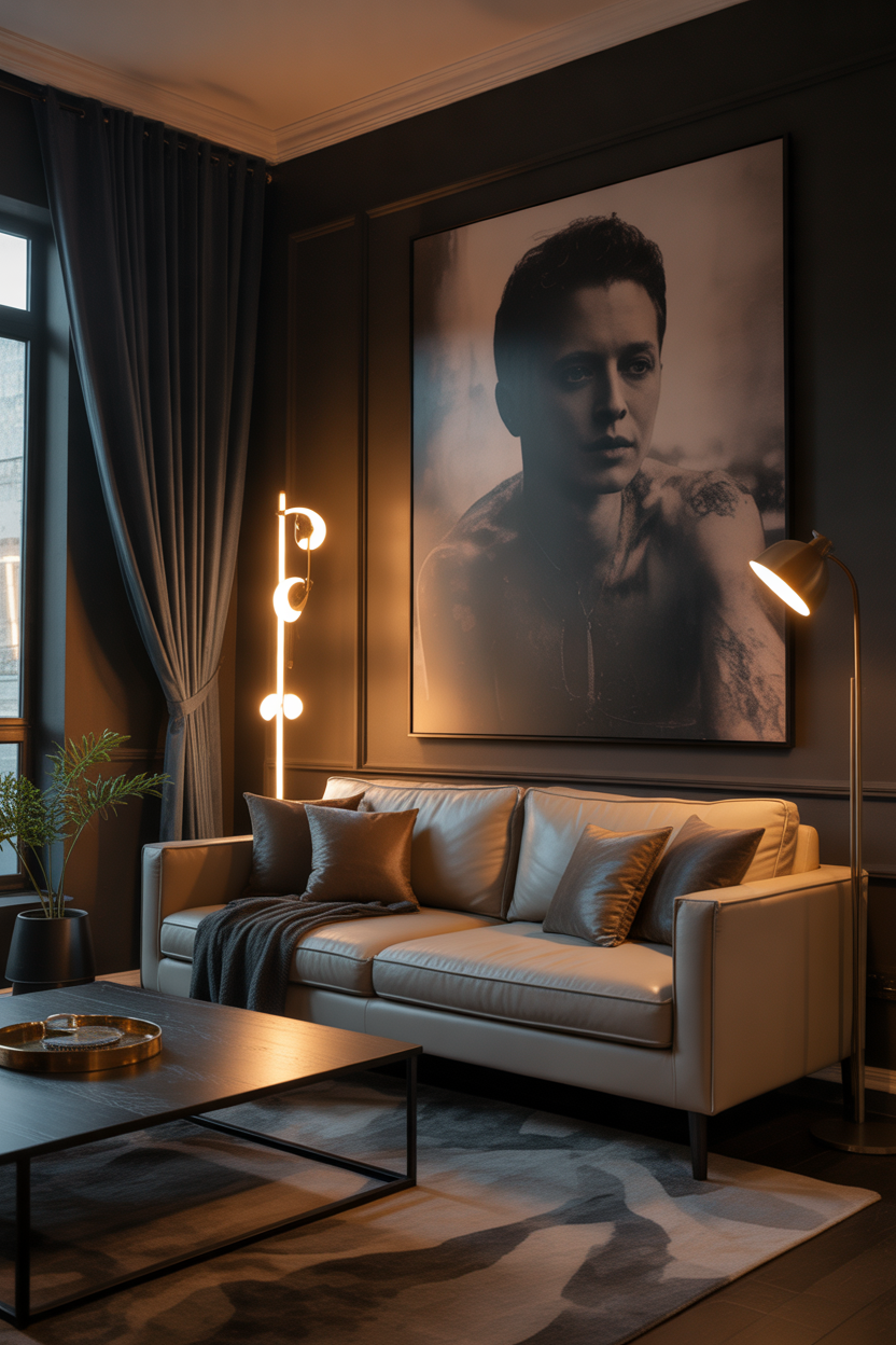 Moody maximalist living room ideas, oversized art, bold luxury design