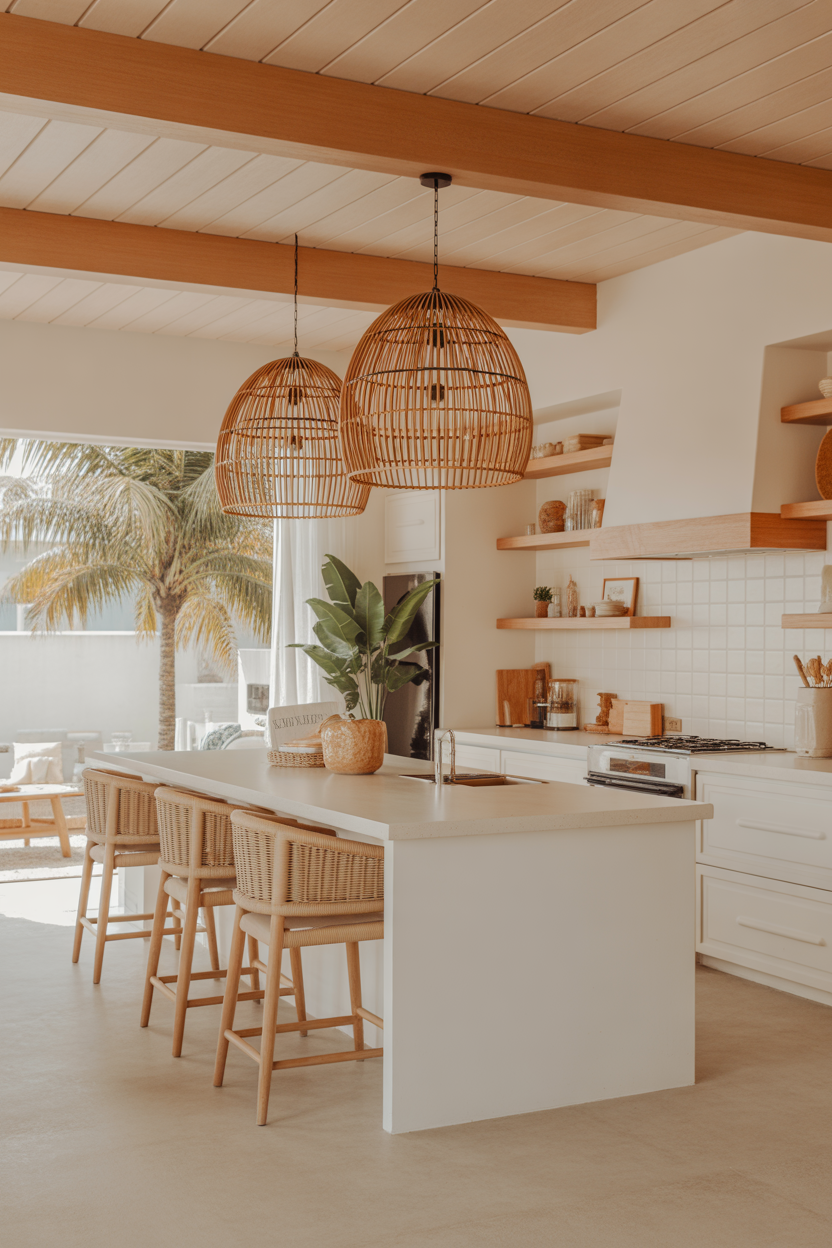Coastal kitchen ideas with statement rattan pendant lights