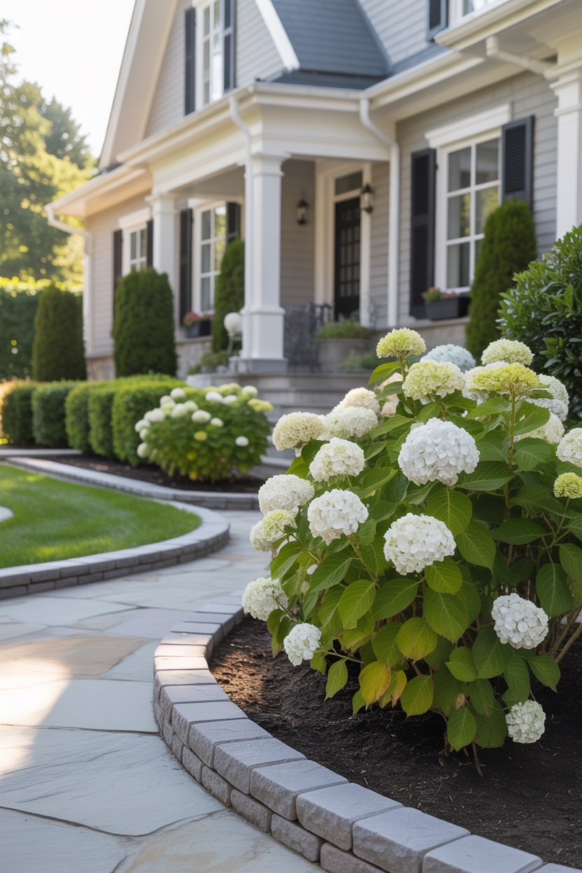 front yard hydrangea landscaping with stone edging and clean borders