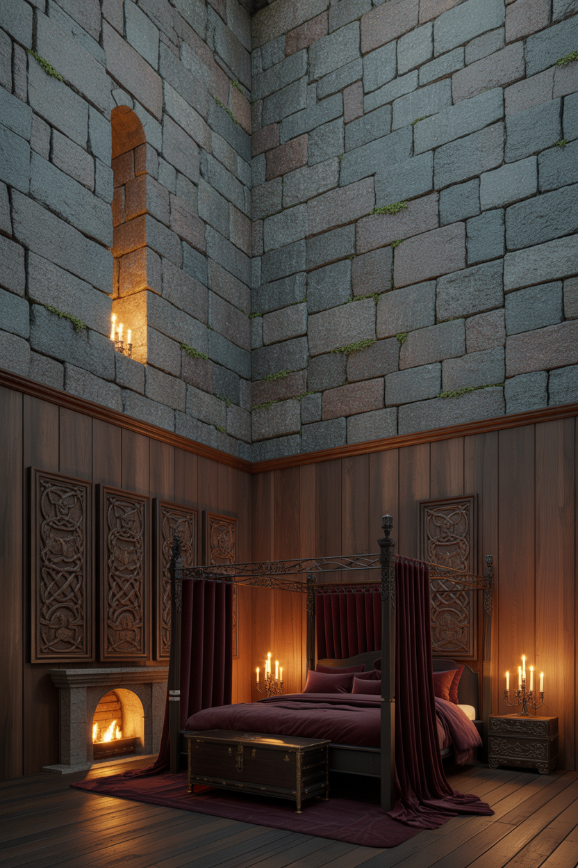 dark fantasy bedroom with stone or wood panel walls