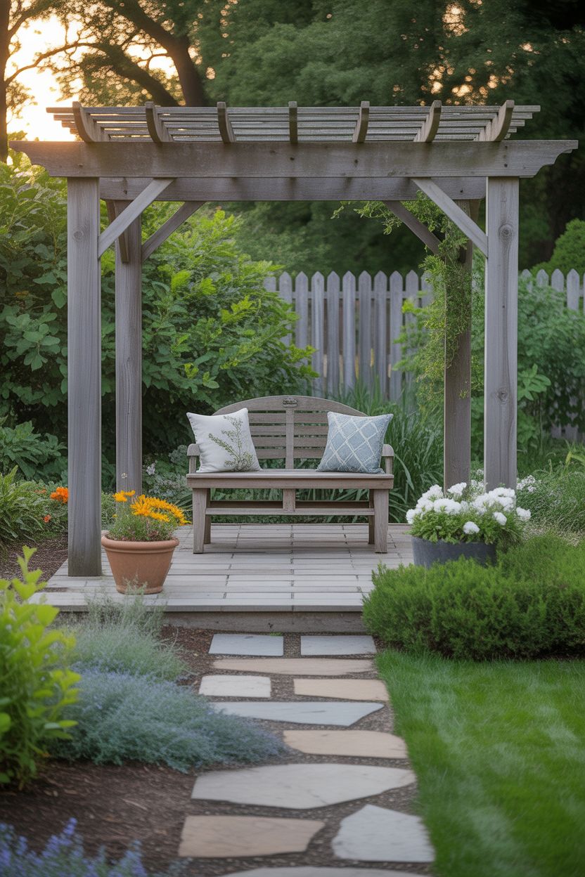 stone pathway pergola patio ideas with secluded garden seating area