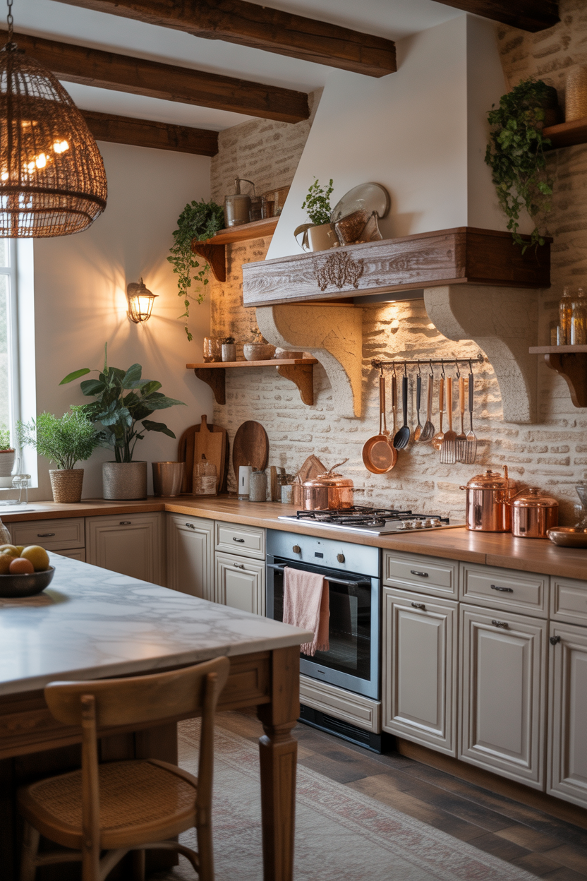 Stone wall French country kitchen