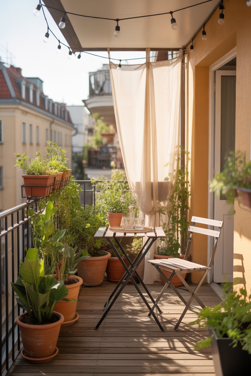 Summer balcony decor ideas for apartments with string lights, plants, and bistro table setup