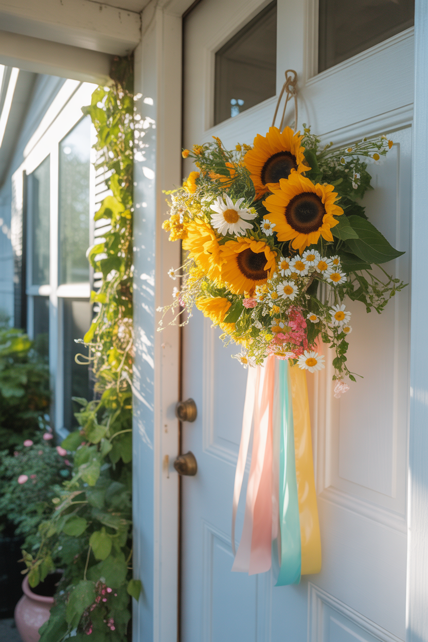Summer door hanger ideas with bright floral wreath on front door