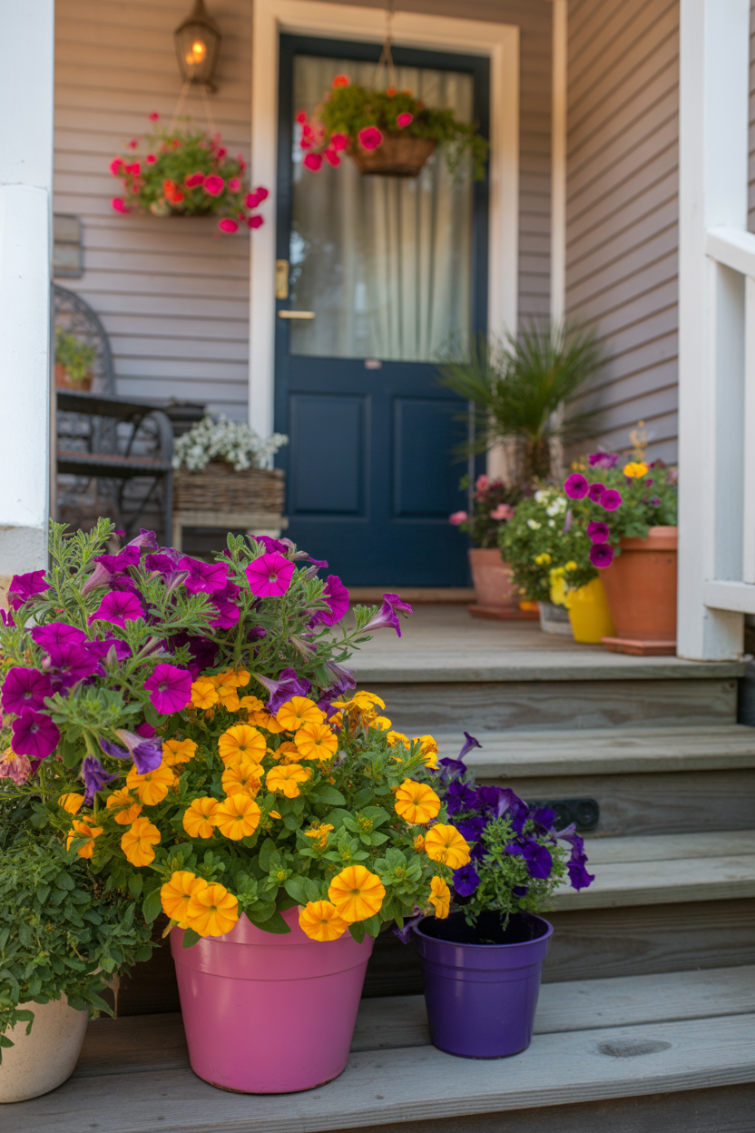 colorful summer front porch flower pot ideas with bright blooms