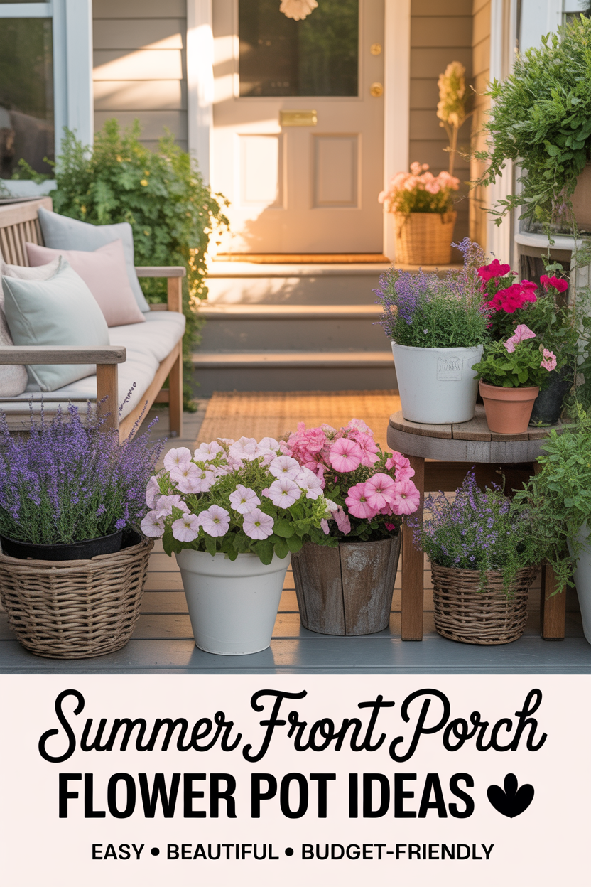 Summer front porch decorated with colorful flower pots, rustic planters, and blooming seasonal flowers in a bright, cozy outdoor entryway