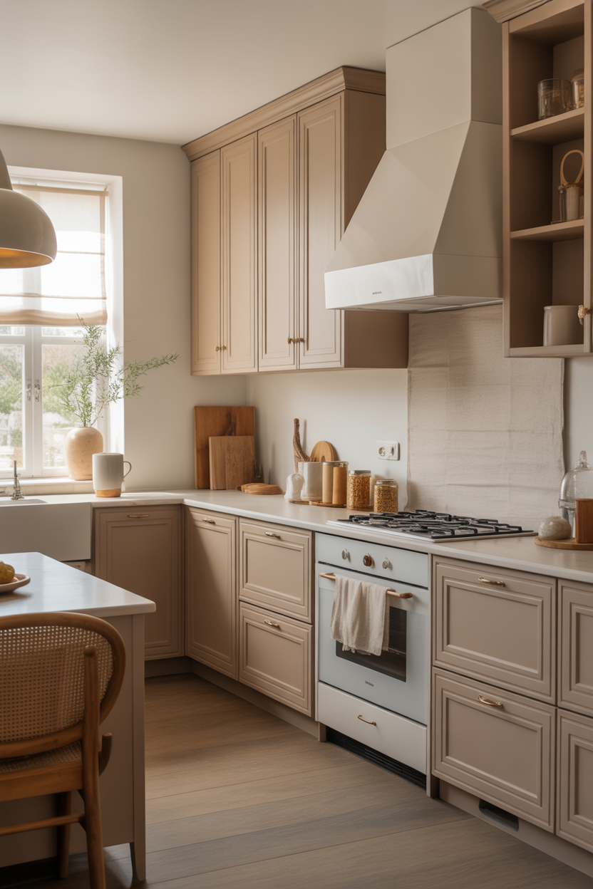 Soft taupe coastal kitchen cabinets with neutral, elegant beach design