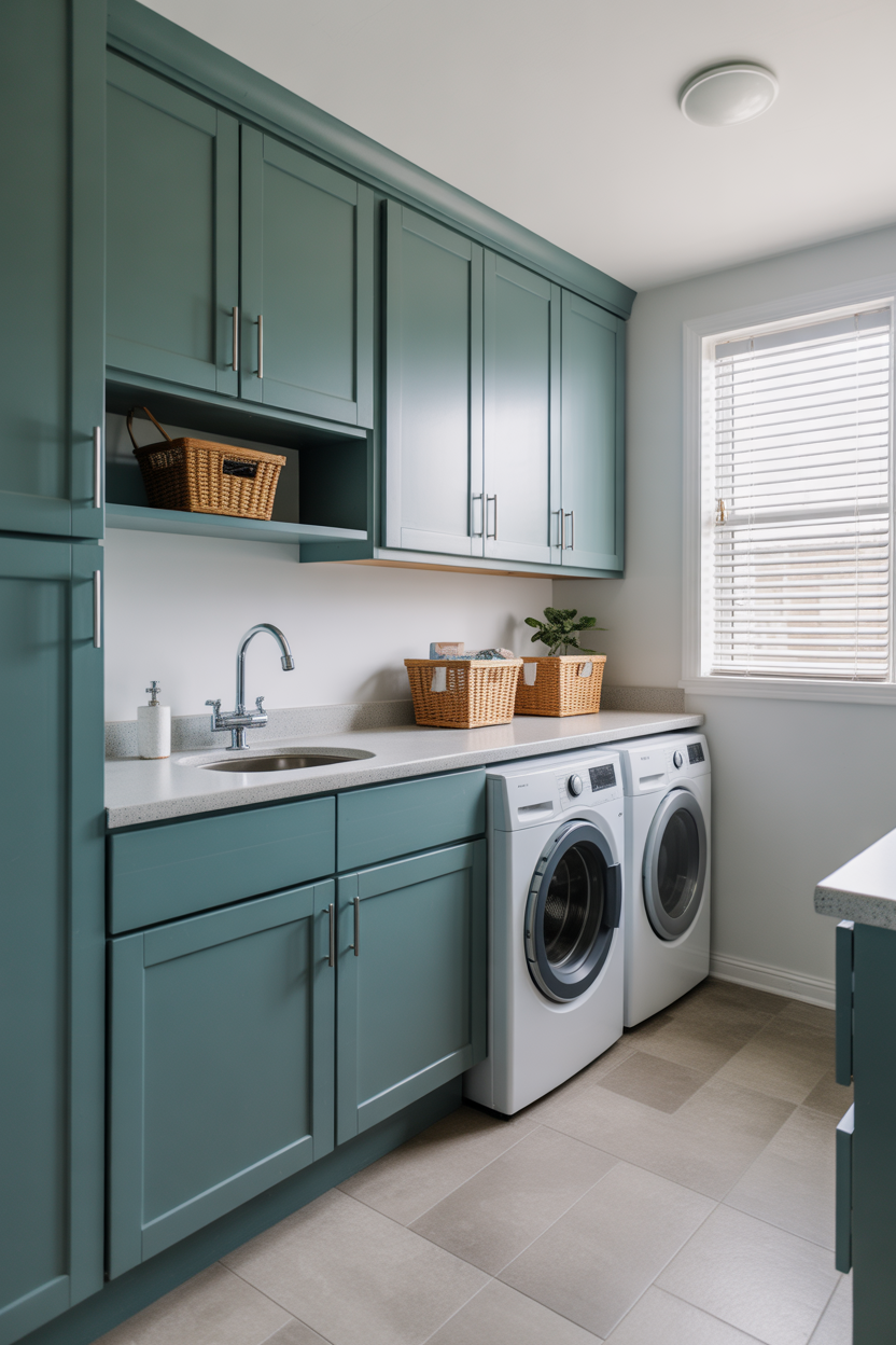 modern teal blue laundry room with a clean and trendy design