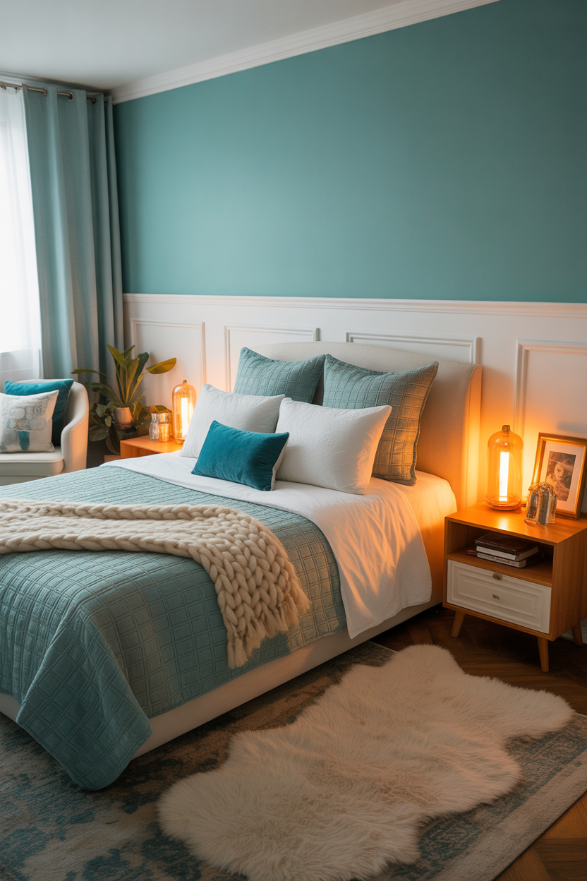 Ultra HD teal and white guest bedroom with retro chic design, colorful cushions, cozy night-mode lighting, and playful aesthetic
