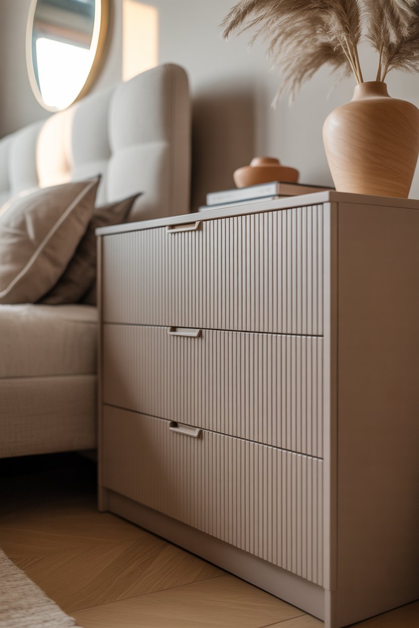 fluted panel IKEA dresser hack with vertical wood slats in a modern luxury bedroom design