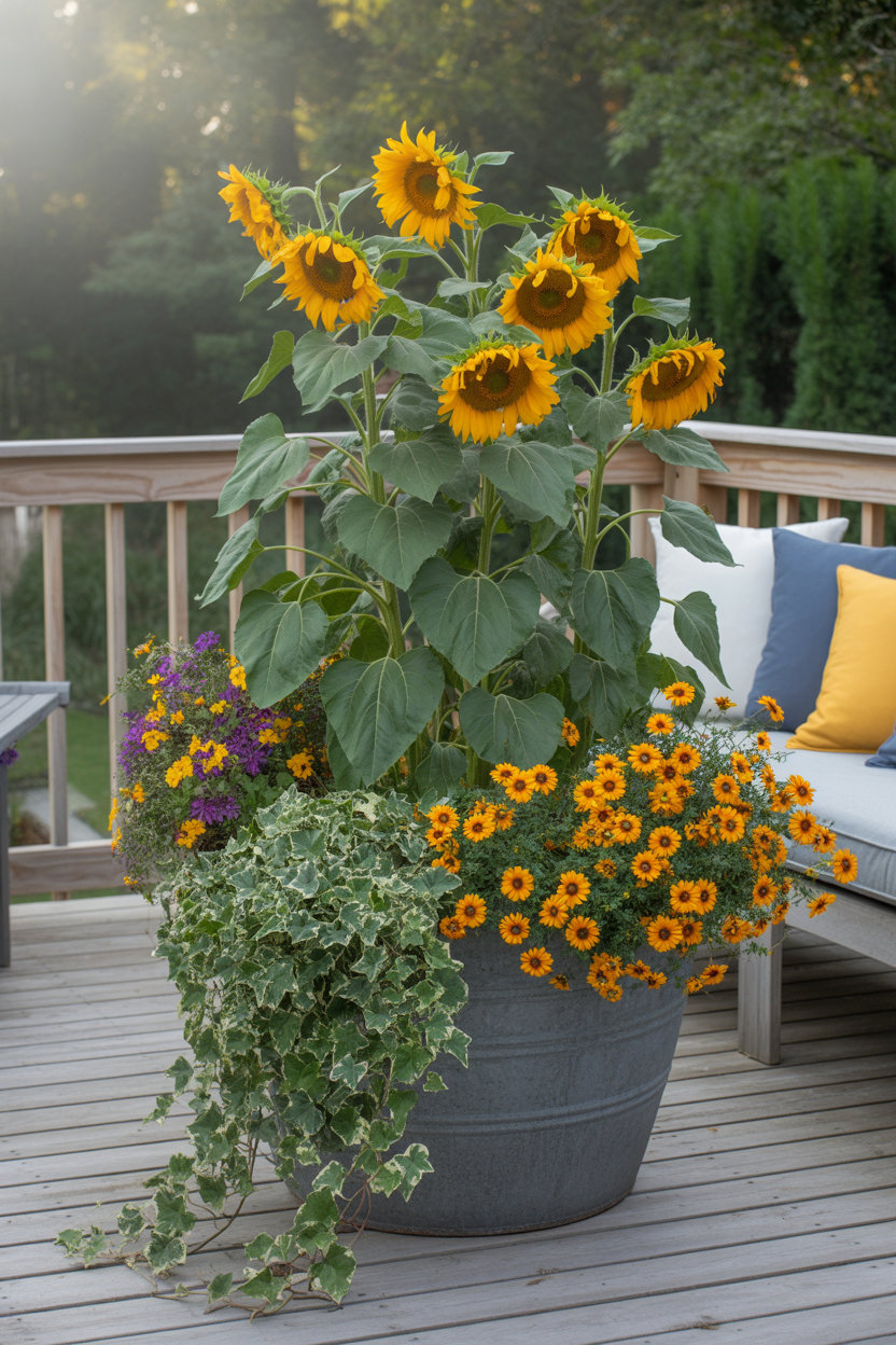 Flower container gardening ideas with thriller, spiller, and filler plants.