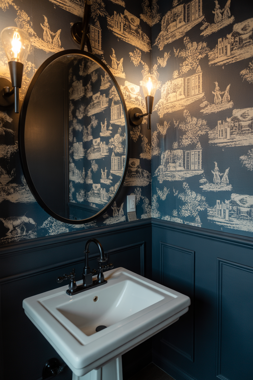 Deep navy toile de Jouy wallpaper in a moody powder room with matte black fixtures and warm Edison sconce lighting