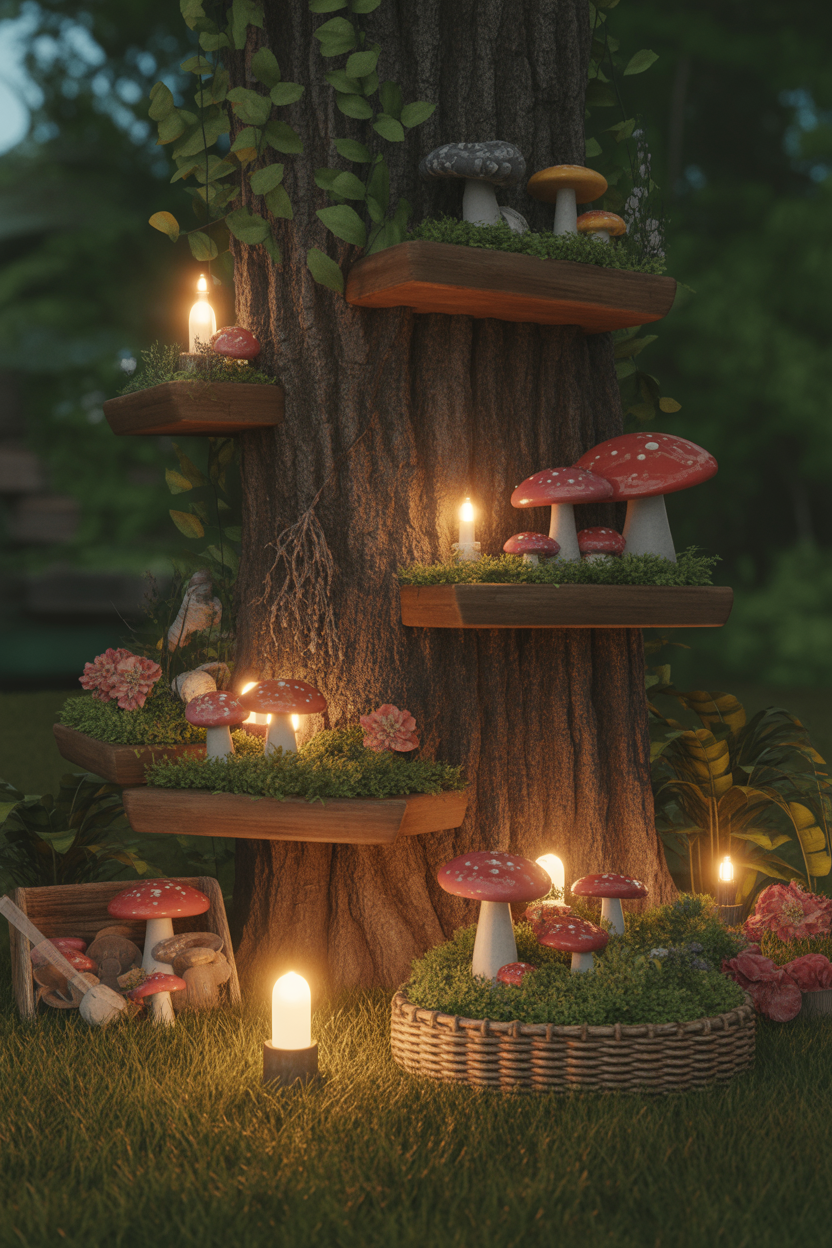 tree base mushroom garden decor enchanted outdoor style
