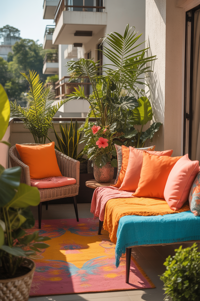 Bright tropical color summer balcony decor with orange coral and turquoise pillows for apartment outdoor space