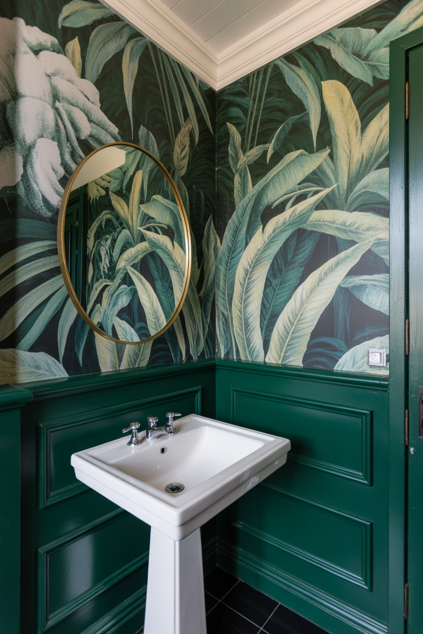 Oversized emerald tropical palm leaf wallpaper in a bold powder room with a white pedestal sink and white ceiling