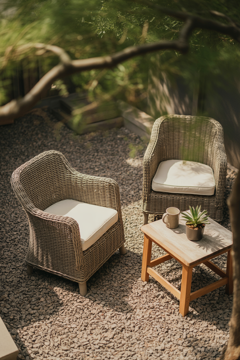 cozy two-chair gravel patio ideas for small spaces