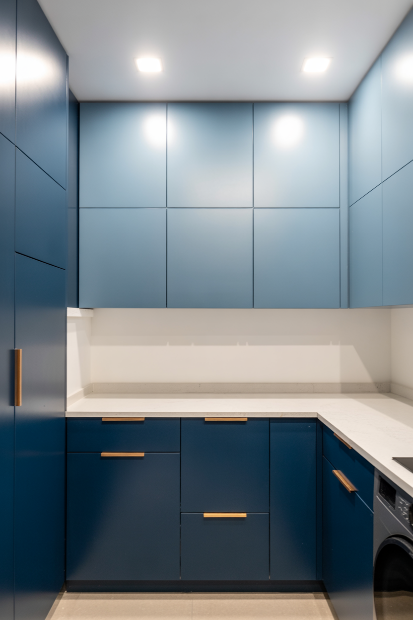 modern two-tone blue laundry room cabinets design