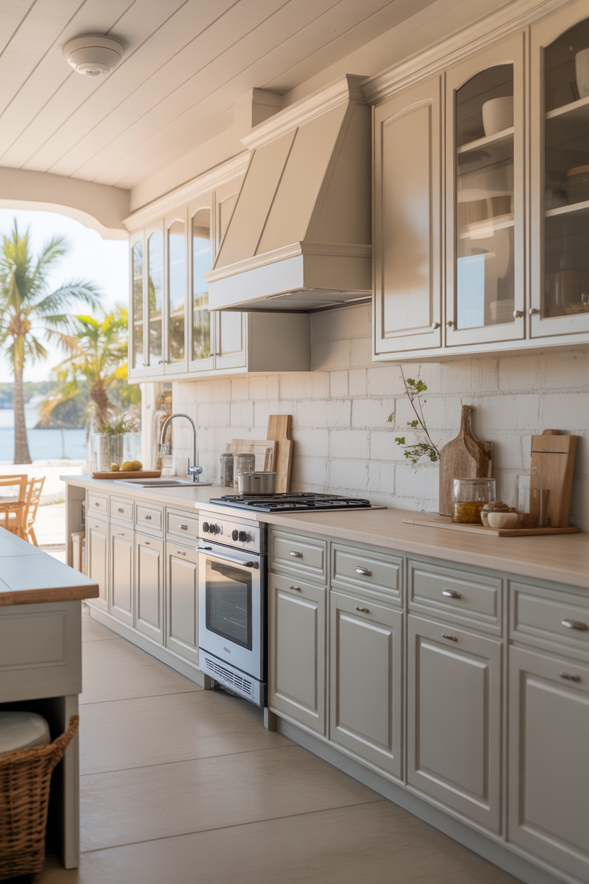 Two-tone coastal kitchen cabinets with modern, balanced beach style