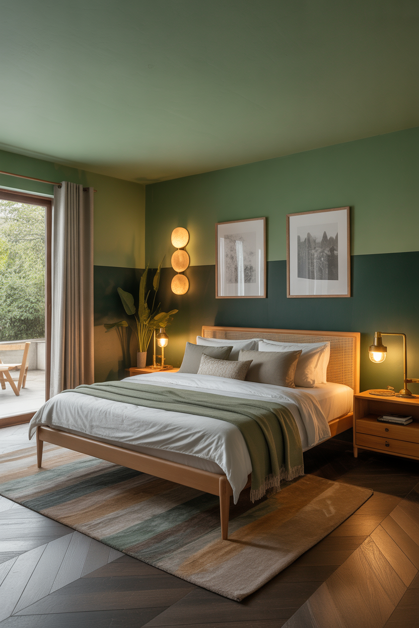Two-tone green guest bedroom with dark and mint green walls