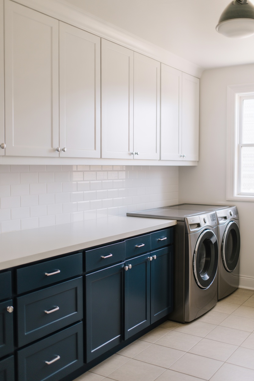 Two-tone laundry room with dark blue lower cabinets and white upper cabinets