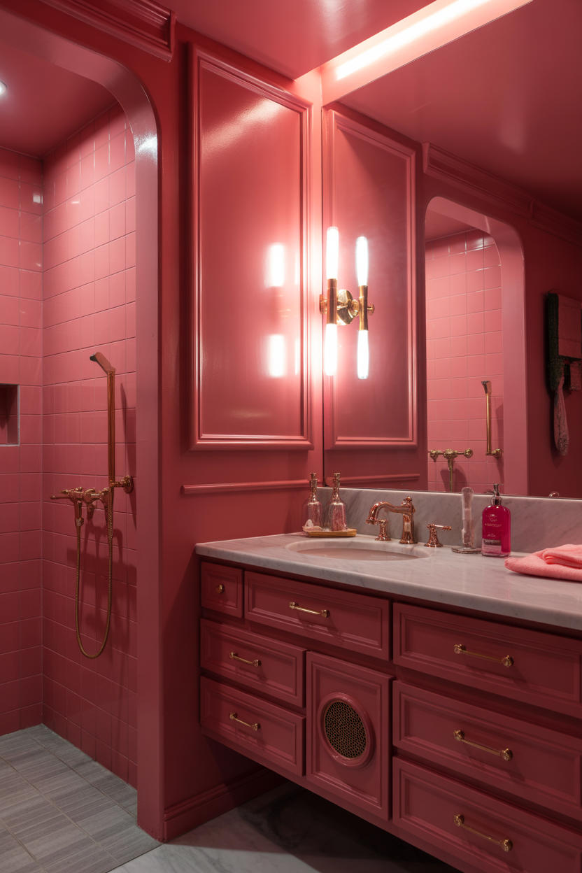 pink bathroom ideas with brass hardware, luxury finish
