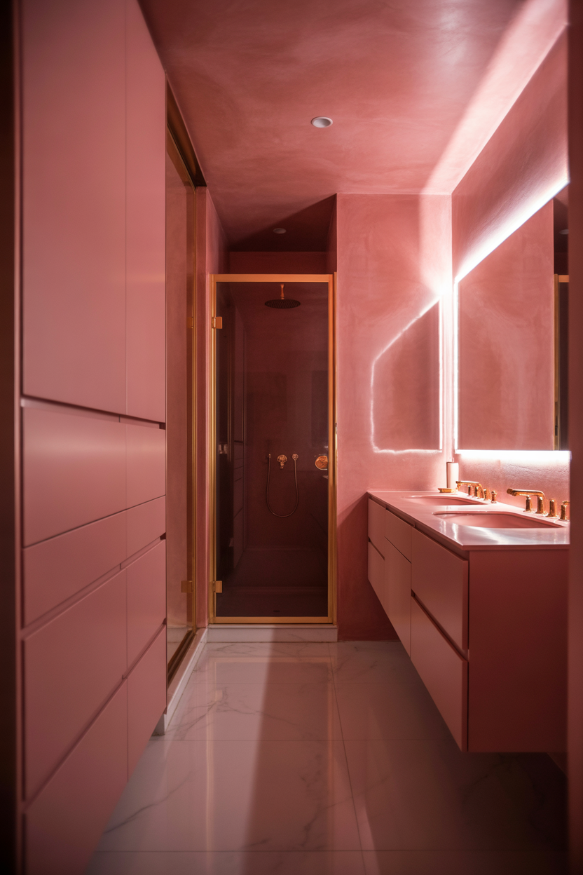 soft blush pink bathroom ideas with warm lighting and brass accents