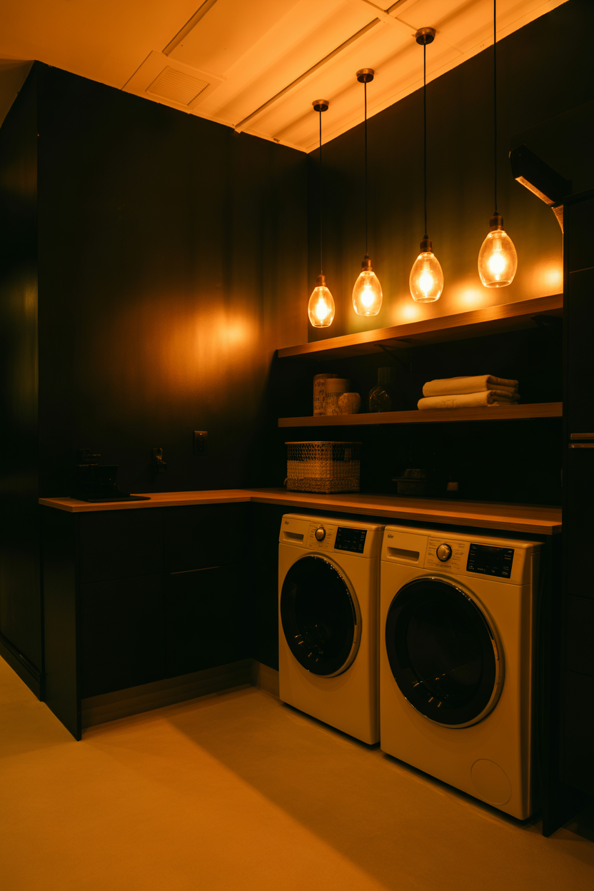 cozy basement laundry room ideas with black walls and warm lighting