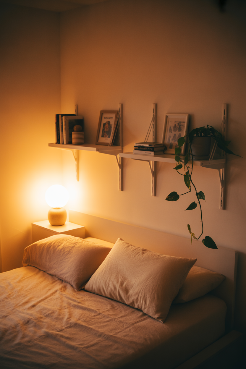 IKEA LACK floating shelf used as a minimalist nightstand hack for a small bedroom