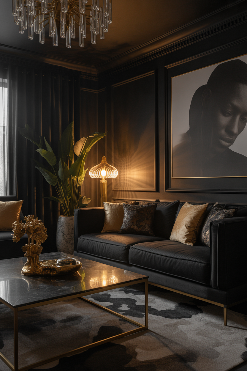 Moody maximalist living room ideas, black and gold luxury dramatic style