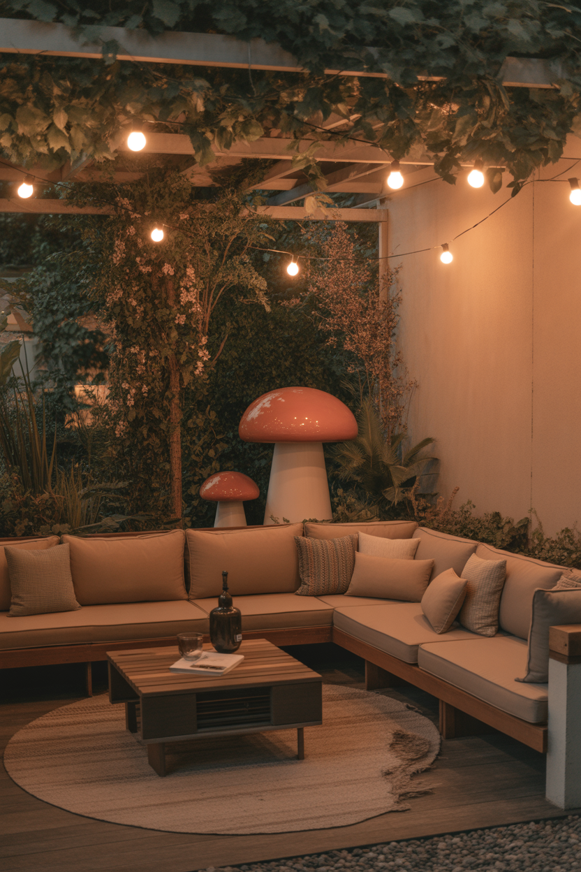 cozy mushroom garden seating corner outdoor aesthetic