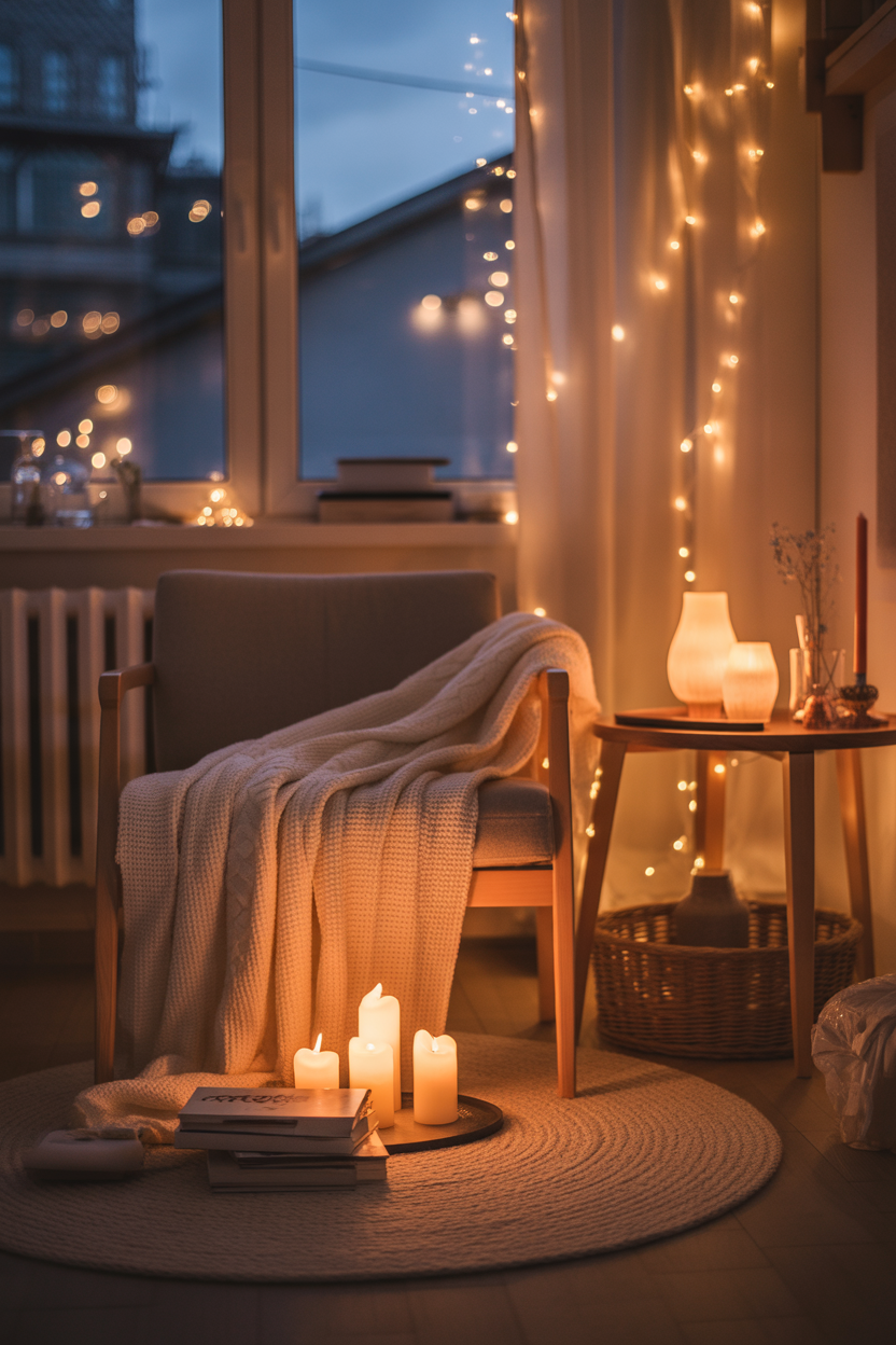 Cozy hygge corner Scandinavian living room warm aesthetic