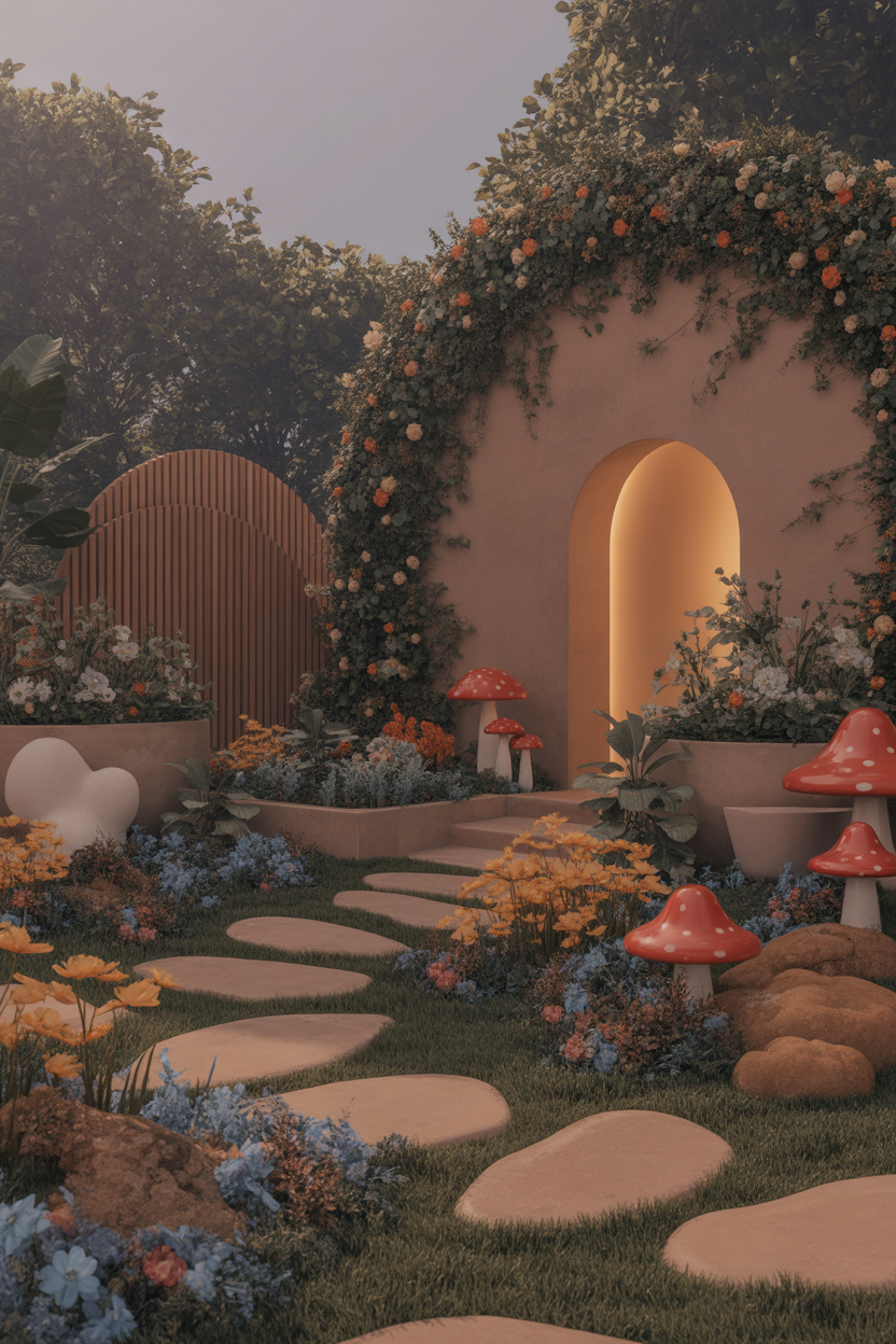 floral mushroom garden decor, whimsical outdoor idea