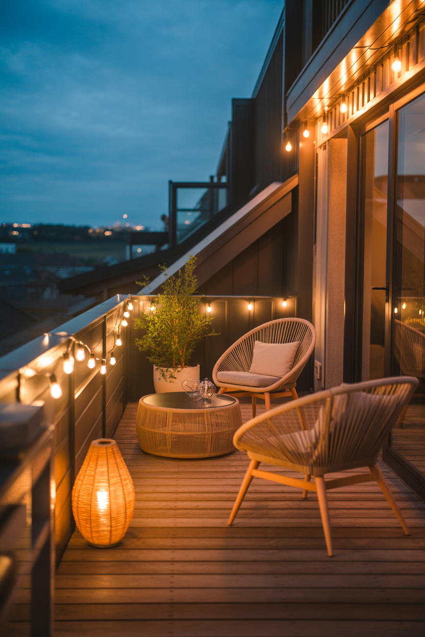 Japandi balcony ideas with string lights for cozy night ambiance