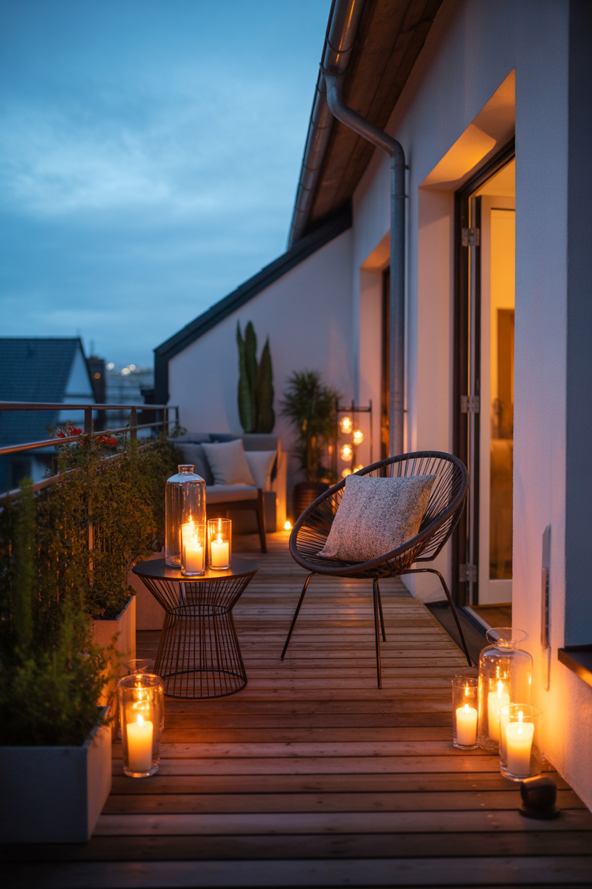 Japandi balcony ideas with candle lighting for cozy ambiance
