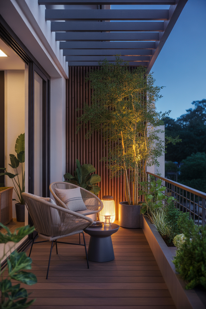 Japandi balcony ideas with minimal plants and cozy lighting