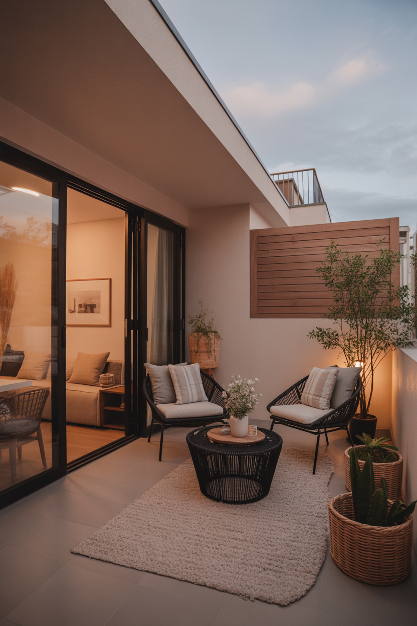 Japandi balcony ideas with neutral colors and cozy lighting