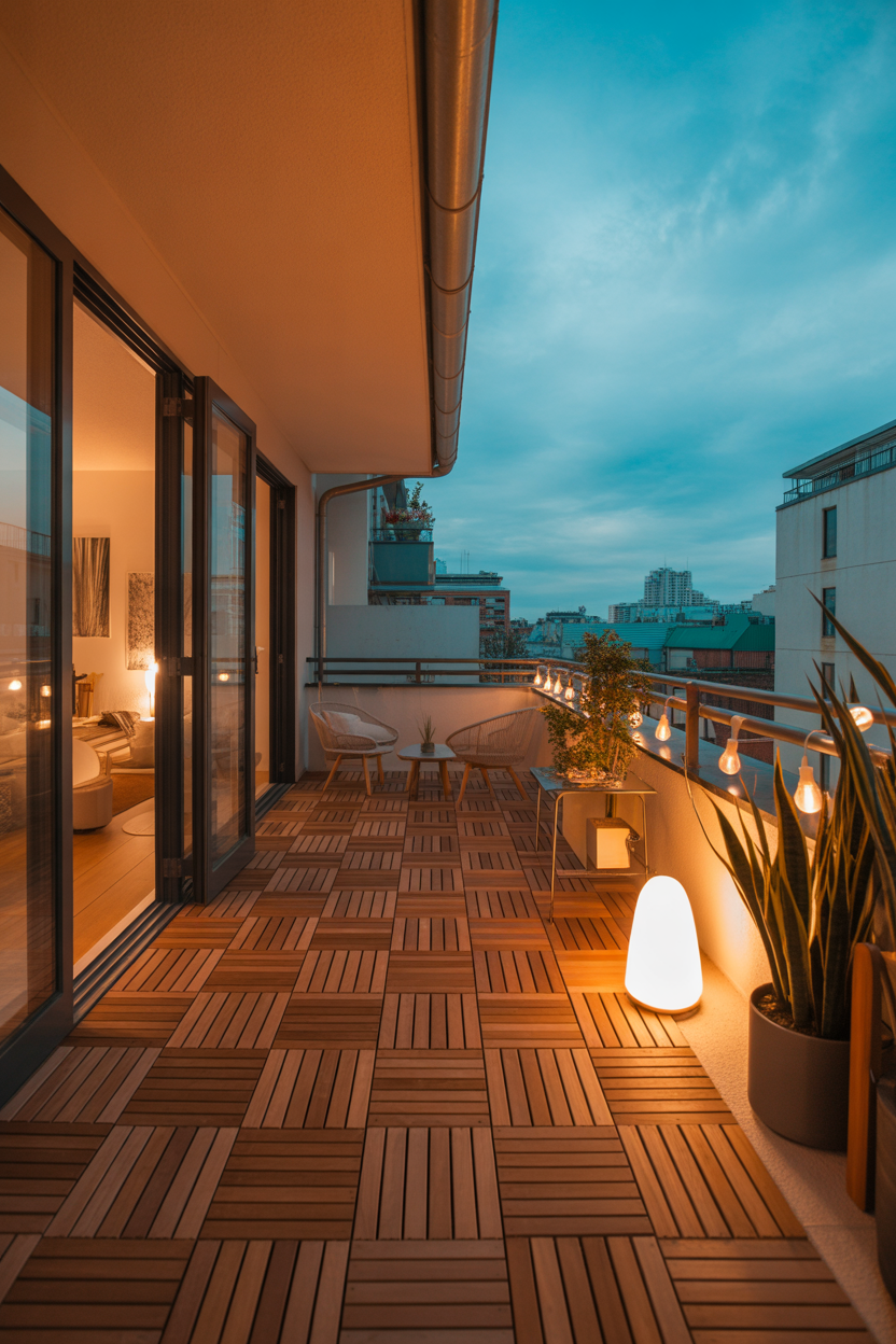 Japandi balcony ideas with wooden deck tiles and warm lighting