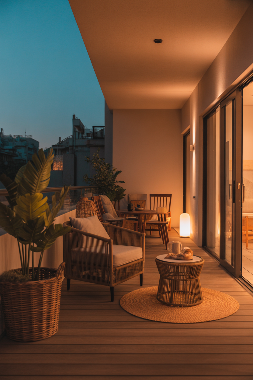 Japandi balcony ideas with woven baskets and cozy lighting