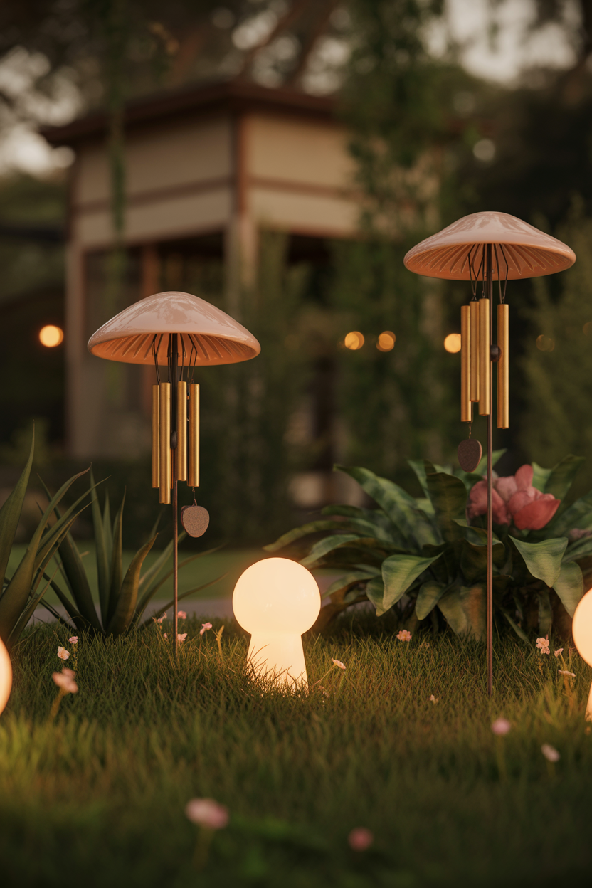 mushroom wind chimes, garden decor, relaxing outdoor idea