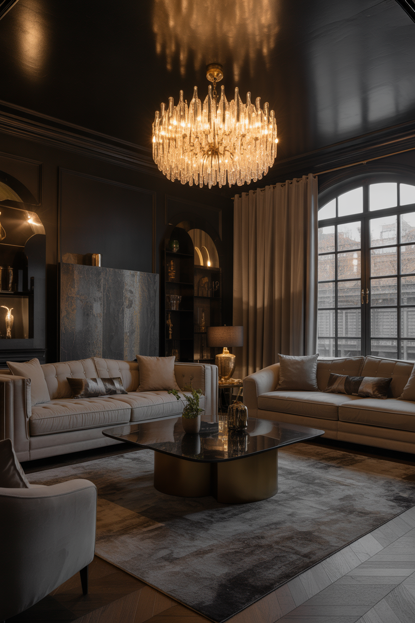 Moody maximalist living room ideas, warm ambient lighting, cozy glow design