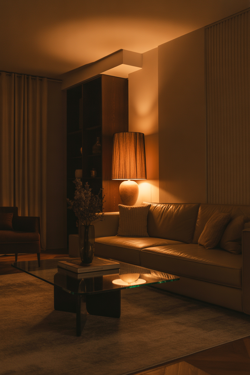 Moody maximalist living room ideas, warm ambient lighting, cozy glow design