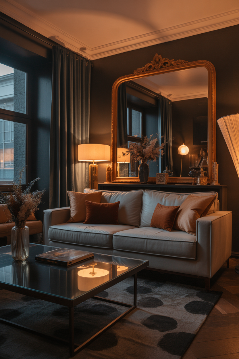 Moody maximalist living room ideas, mirror decor, space expansion, luxury style