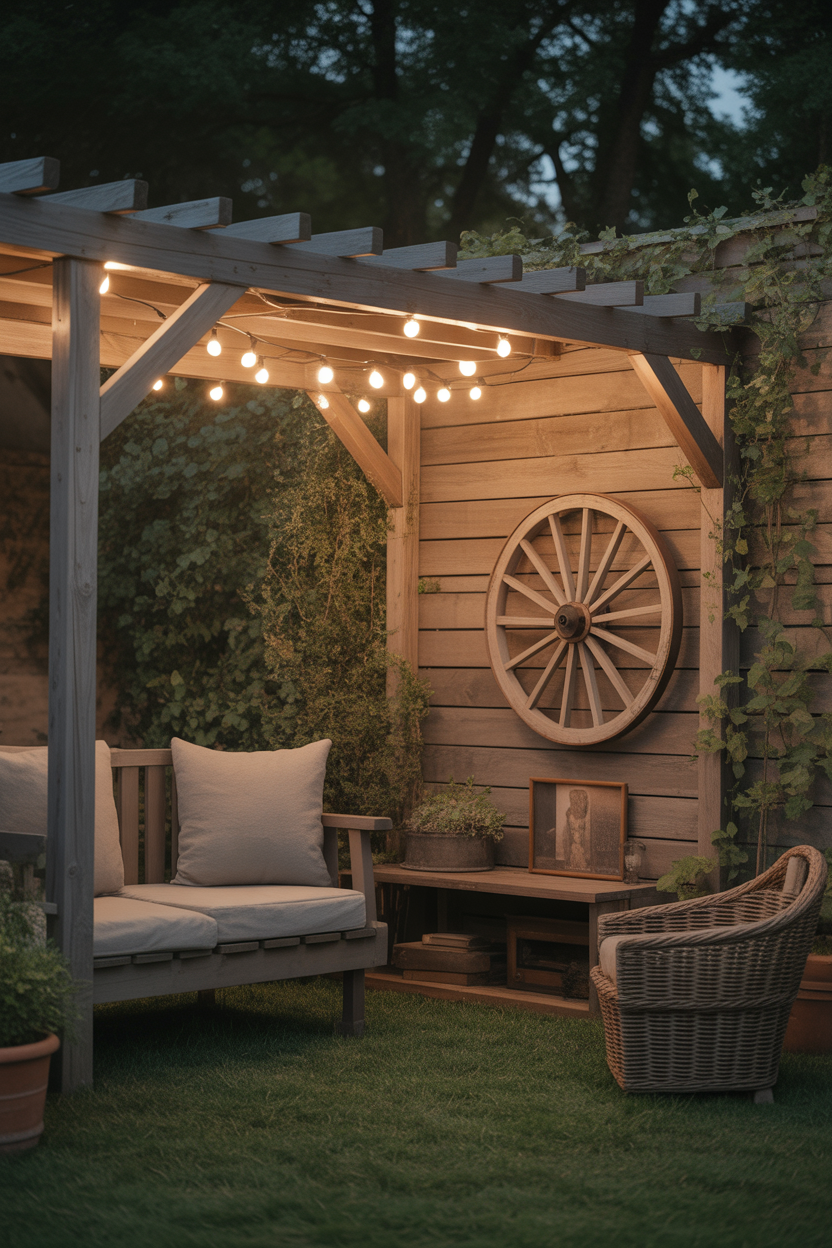 vintage garden decor ideas, wooden wheel rustic wall backyard aesthetic
