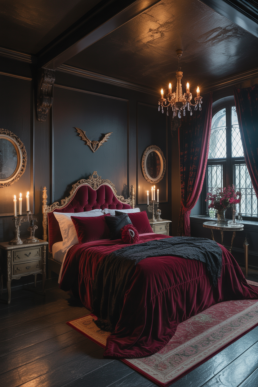 dark & moody bedroom ideas with vampire gothic aesthetic decor